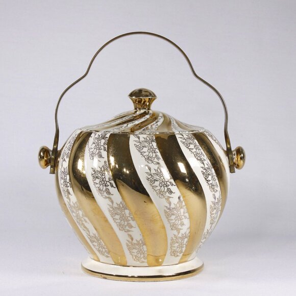 Vintage Sadler transferware gold and cream cookie jar AS-IS, English biscuit - Picture 1 of 10